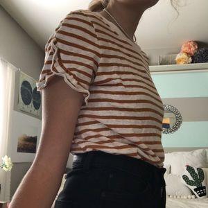 orange & white striped tee shirt with cool sleeves
